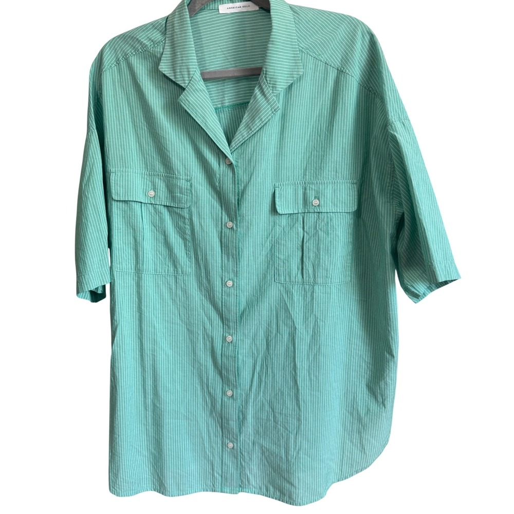 American‎ Holic Mint Green Pinstripe Short Sleeve Button Down Shirt Camp Collar